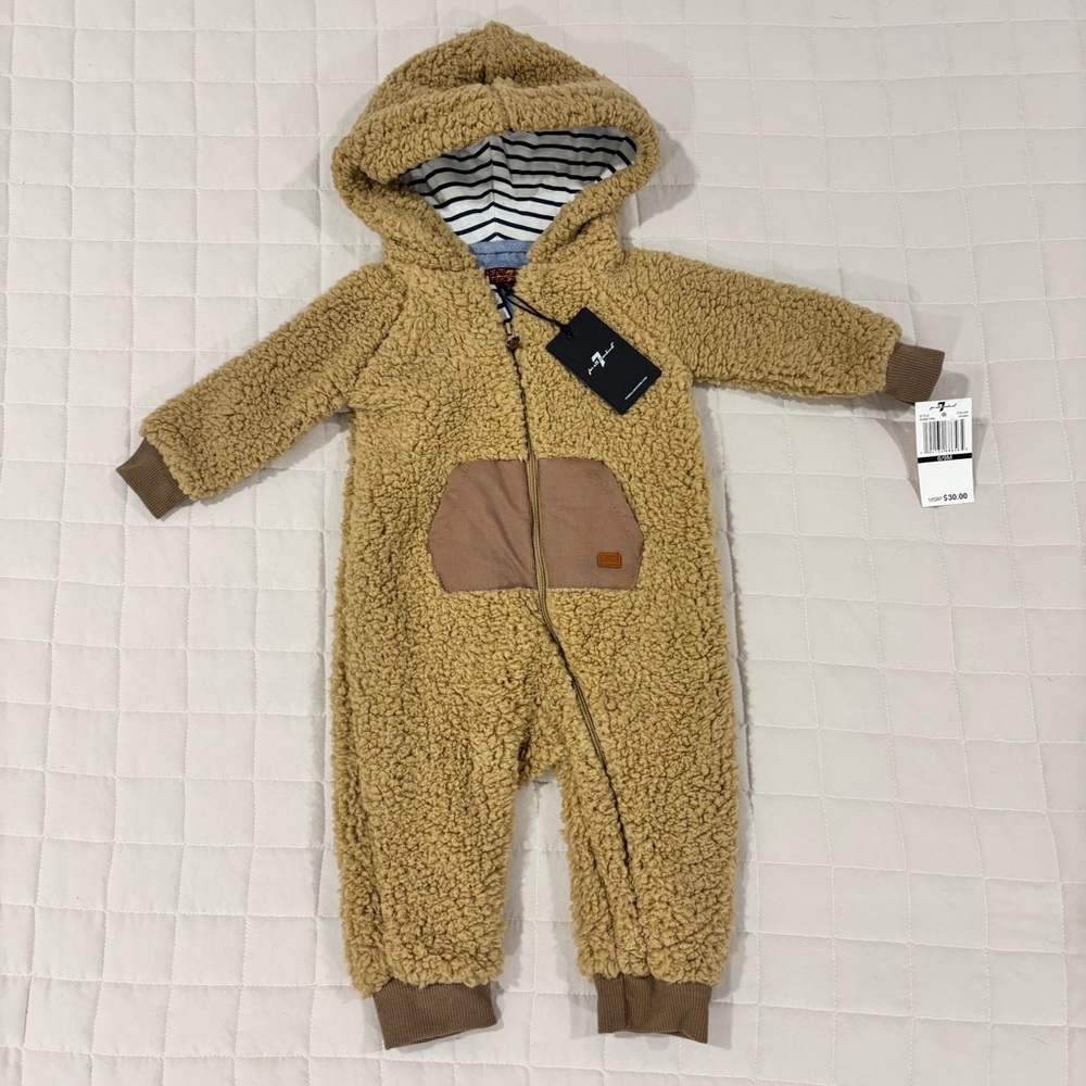 NWT 7 For All Mankind Plush Faux Fur Bunting Winter Suit Teddy Bear Brown 6/9M